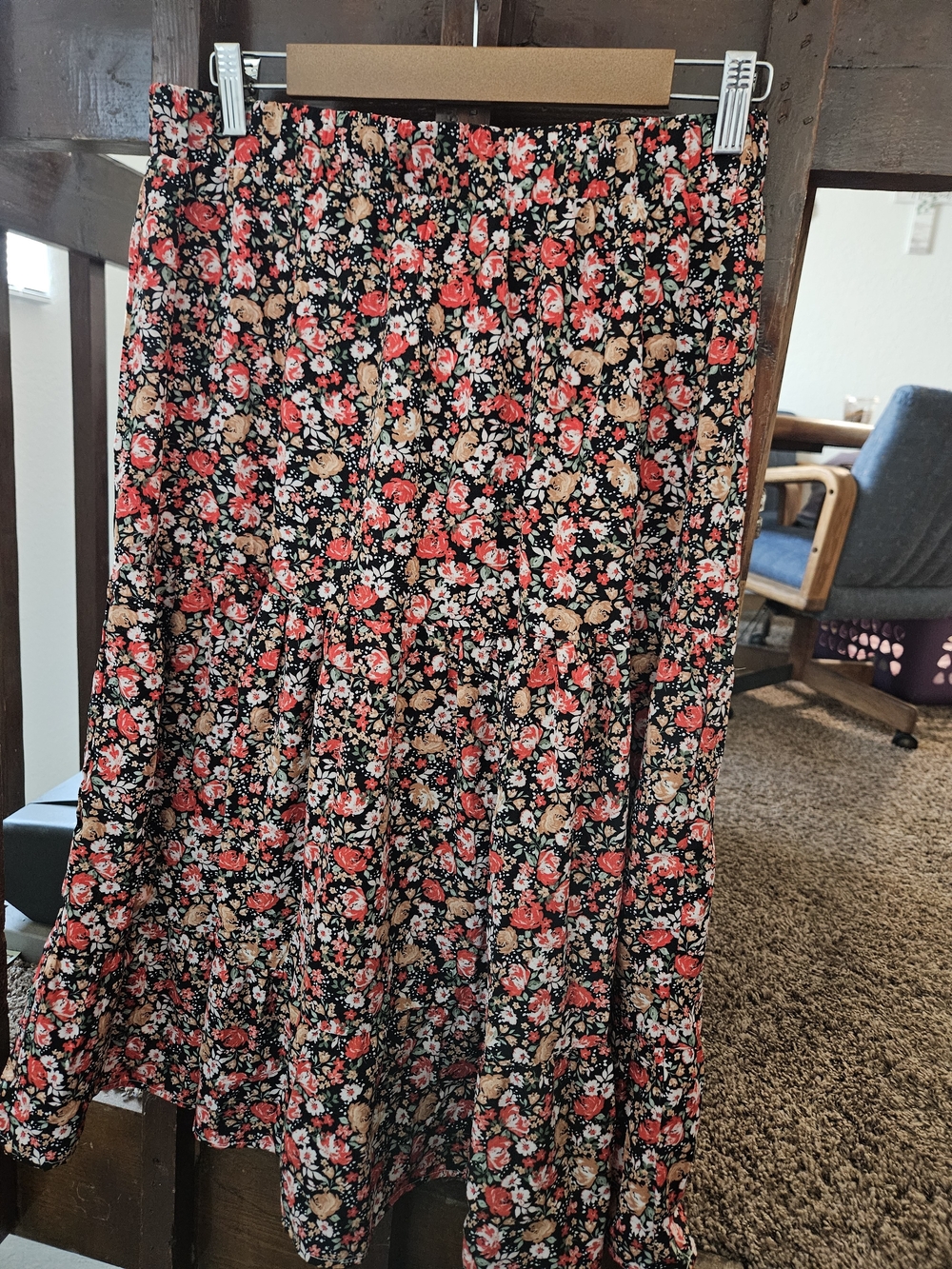 Black Floral Maxi Skirt with Red & Tan Blooms